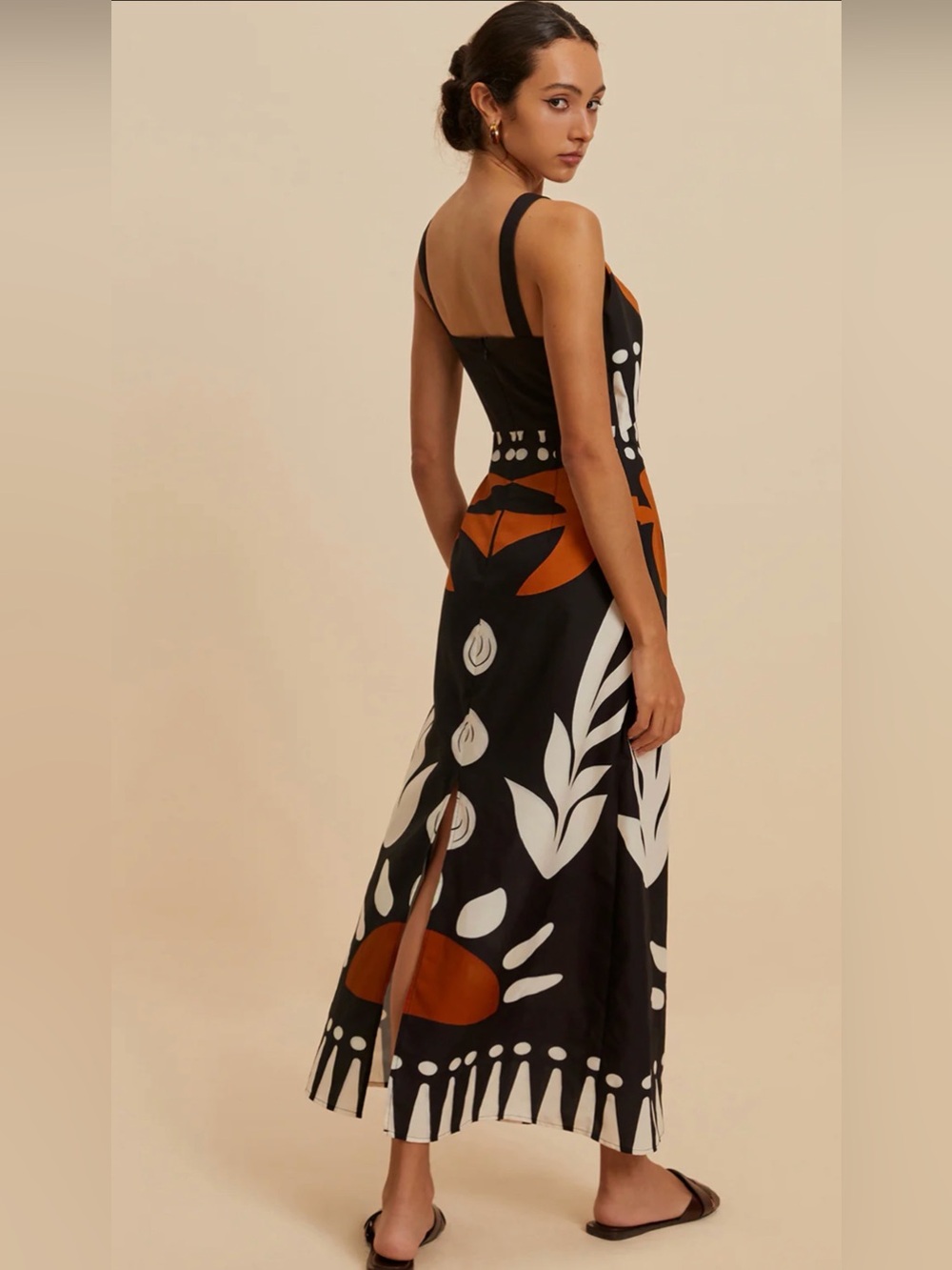 Commense Black Maxi Dress with Bold Rust and Cream Graphic Print - Picture 3 of 6